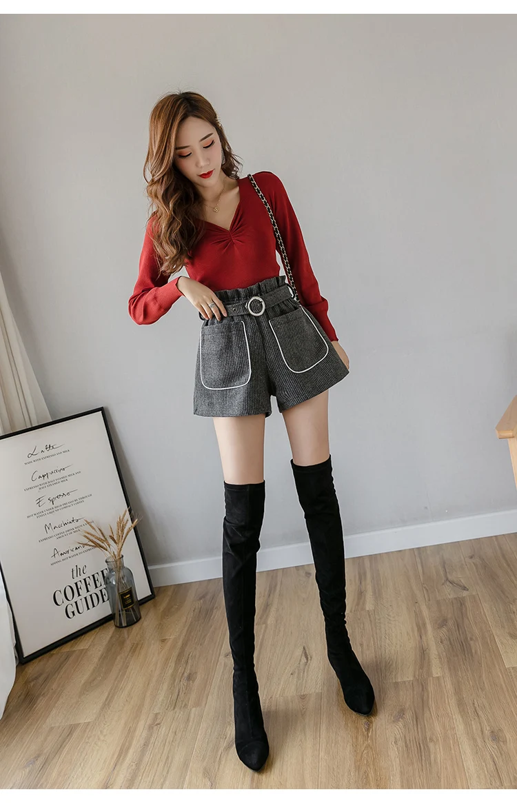 Trytree Autumn Winter woman Casual Shorts Loose Belt Pockets High waist Solid 3 Colors Fashion All-Purpose Style Short