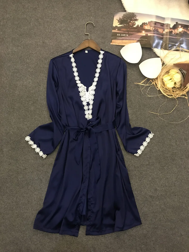 Dark Blue Женский пижамный комплект, сексуальные пижамы, весенние и летние рубашки с коротким рукавом, кружевная ночная рубашка на бретелях, шелковые пижамы, облегающие - Цвет: Dark Blue