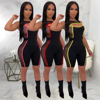 

2020 New Sexy Women Sleeveless Mesh Patchwork Jumpsuit See Through Bodysuit One-piece Hollow Rompers Beach Sports Playsuit