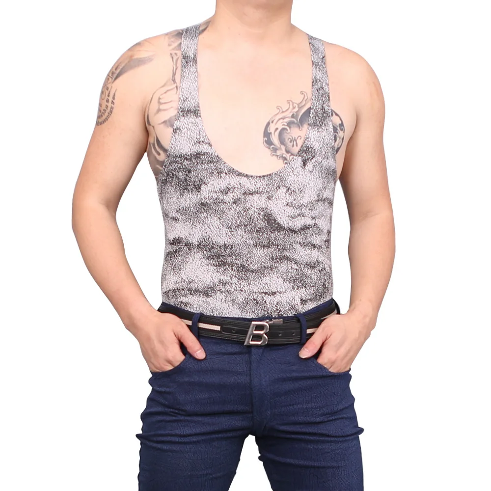 Men Sexy Leotard Silky Sleeveless Round Neck One Piece Slim Stretchy Stylish