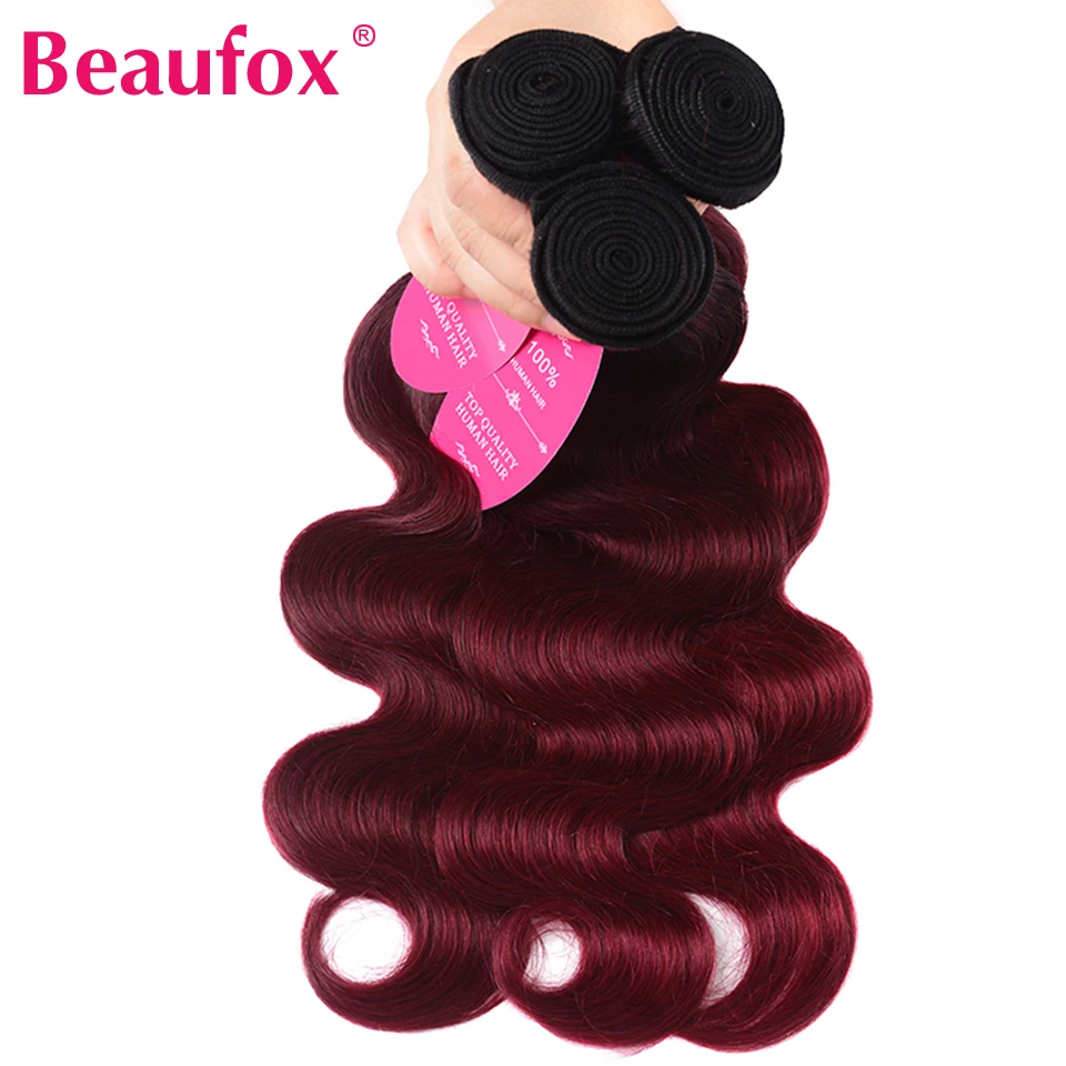 Beaufox Ombre бразильские волосы волнистые пучки 1B 99J/бордовые двухцветные
