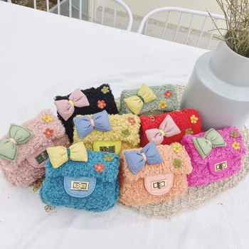 

7 Color Hot Girls Kids Fur Plush Backpacks Bowknot Mini Artificial Fur Handbags Cross Body Comfortable Cute Bag Shoulder Bags