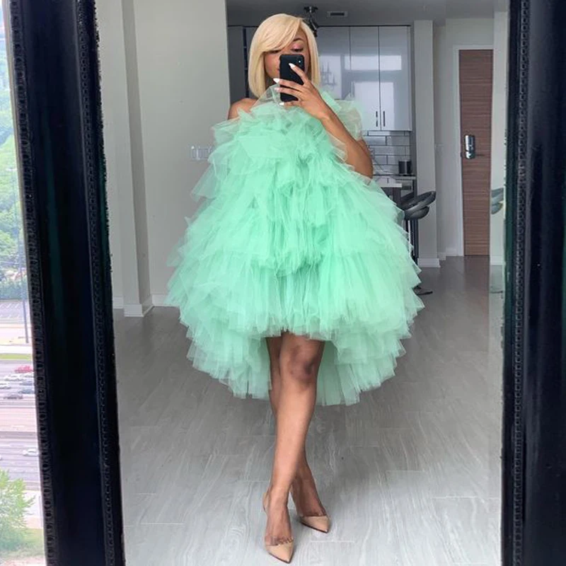 

Mint Green Strapless Hi-Lo Dresses Zipper Back Tiered Ruffles Puffy Sweet Girls Party Gown Tutu Women Dress