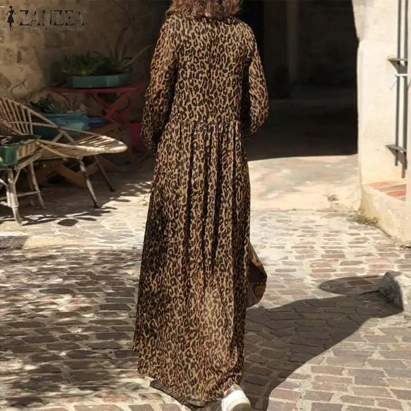 ZANZEA, женское длинное платье с леопардовым принтом, весна, v-образный вырез, длинный рукав, праздничный сарафан, повседневное, Vestido Robe Femme, модные шифоновые платья