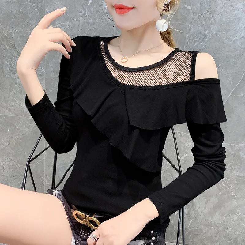 3726 Black Long Sleeve T Shirt Women One Shoulder Tops Spliced Ruffles Slim Stretch Sexy Nightclub Top Female Mesh Round Neck