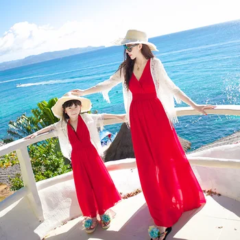 

Mommy and Me Dress Family Matching Clothes Red Princess Beach Mom Daughter Outfits Mom and Daughter Wedding Dress Maxi Robe
