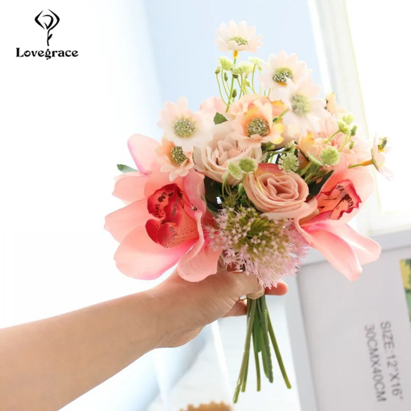 

Lovegrace Wedding Bouquet Handmade Rose Flower Wedding Supplies Silk Pompom Orchid Flower Pink Prom Party Marriage Decorations