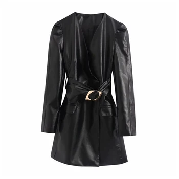 

Stylish With Belt PU Faux Leather Black Dress Women Cross V Neck Puff Sleeve Female Mini Dresses Chic Vestidos Mujer
