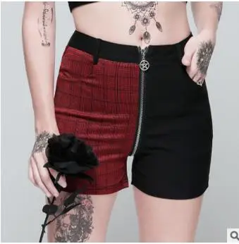 Zipper shorts Женские брюки-карандаш в стиле панк, готика, в клетку, в стиле пэчворк, с вырезами, с пятиконечной звездой, брюки в стиле панк, облегающие сексуальные брюки, модные штаны - Цвет: Zipper shorts