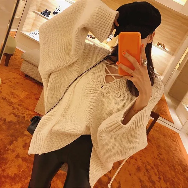 WHITNEY WANG свитера женские осень зима мода уличная корейский стиль шнуровка v-образным Вырезом Свитер оверсайз женский джемпер