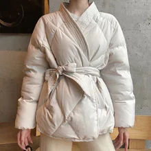 Зимние женские парки толстое с поясом с длинным рукавом Женское пальто размера плюс повседневное однотонное женское теплое пальто дизайн кимоно