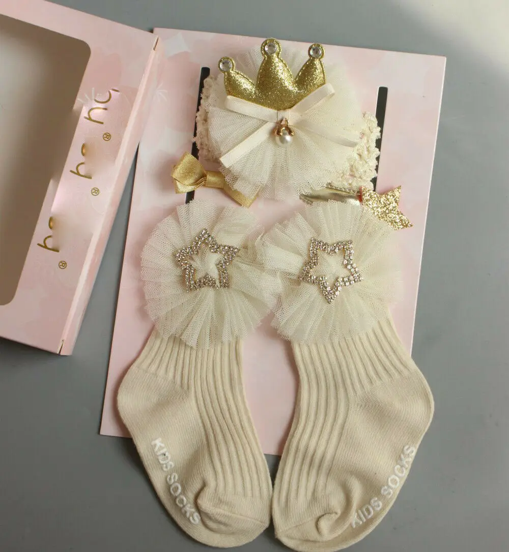 Лидер продаж, носки для девочек+ головная повязка для новорожденных девочек, детские носки принцессы с бантом кружевные Гольфы с оборками Аксессуары для девочек - Цвет: As photo shows
