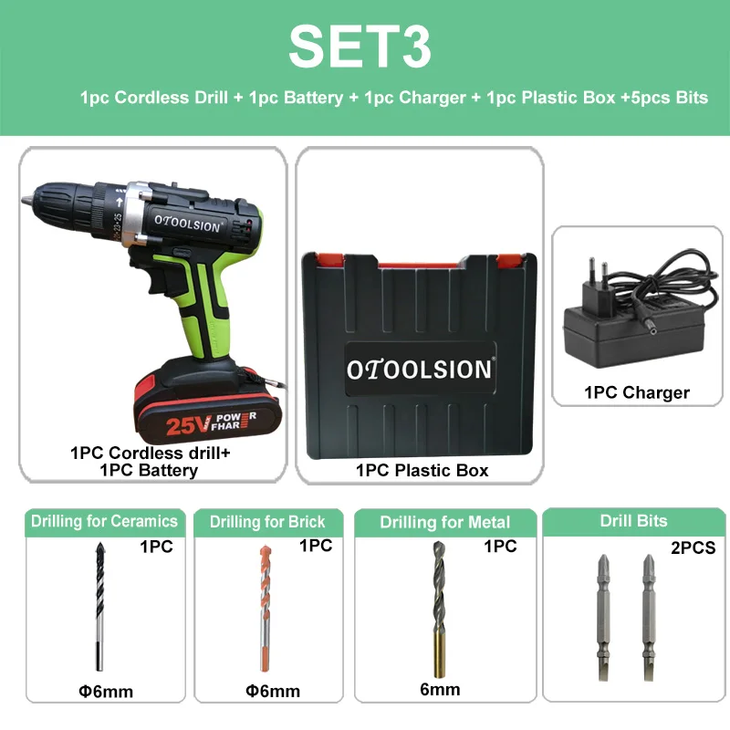 SET3 (1 pc battery) 25+ 1 Toque 1.5Ah 25V Электрическая Дрель аккумуляторная дрель электрические инструменты Электронная отвертка дрель шуруповерт с литиевой батареей - Цвет: SET3 (1 pc battery)