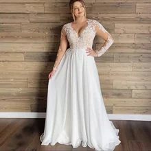 

Simple Plus Size Chiffon Wedding Dress For Woman Long Sleeves A Line Formal Bride Bridal Gowns Button Back Sexy V Neck Vestidos