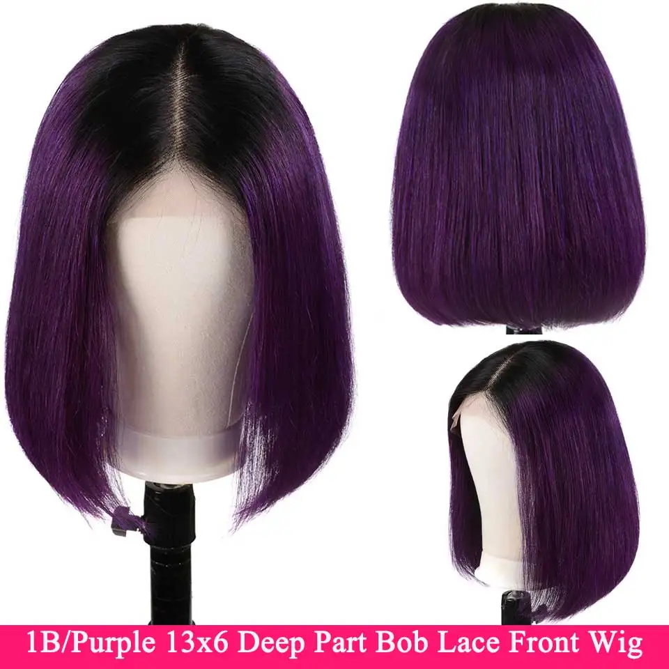 130% Реми бразильские прямые волосы Синтетические волосы на кружеве парик короткий боб 13x6 эффектом деграде(переход от темного к Синтетические волосы на кружеве человеческих волос парики для чернокожих Для женщин Средний соотношение - Цвет: 1b purple