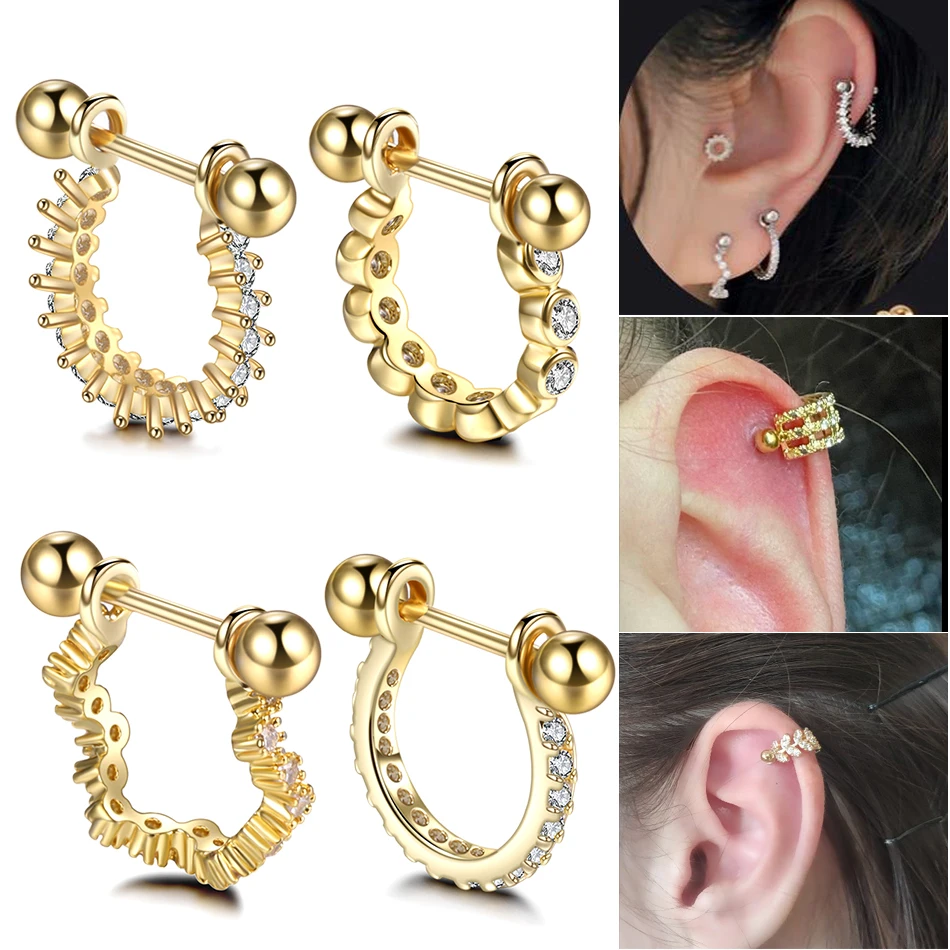 1Pc Gold Color CZ Gem Ear Tragus Piercing Cartilage Helix Earrings Studs Cuff Rook Woman Lobe Body Jewelry | Украшения и