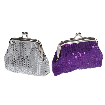 

NEW-2 Pcs Women's Sequins Coin Purse Buckle Mini Wallet - Silver Color & Purple
