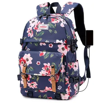 

Unisex Flower Printed Backpack Large Capacity Daypack USB Charging Port Travel Bookbag Teenagers Girls Schoolbag