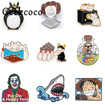

J1238 Geekcoco Horror Joker Pin Badges Brooch Anime One Piece Shark Cat Lapel Pin For Clothes On The Backpack Accessory Jewelry