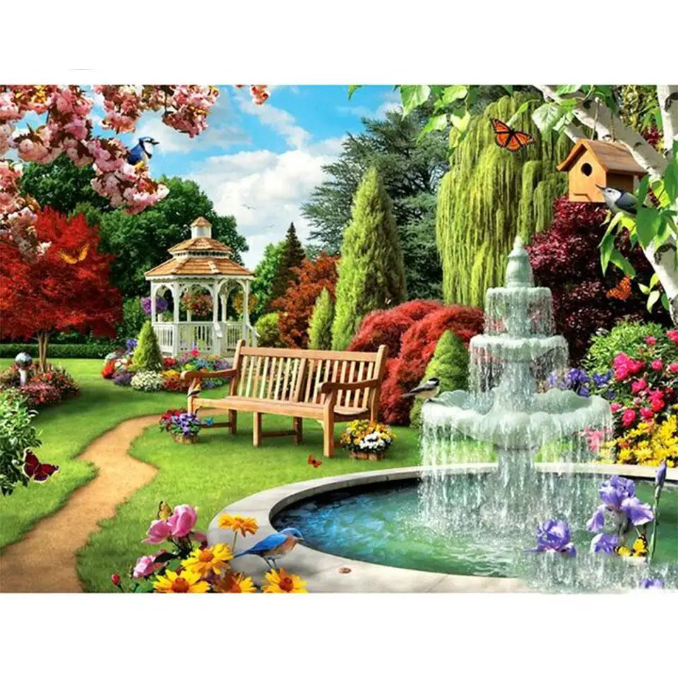 

diy diamond painting Garden Pavilion Fountain mosaic cross stitch 5d embroidery full square round drill Handmade crafts N1243