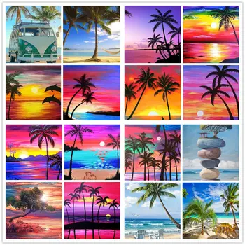 

DIY Diamond Painting Scenery Seaside 5D Diamond Painting Coconut Tree Cross Stitch Mosaic Patterns Round Rhinestone Home Decor