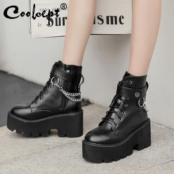 

Coolcept Women Winter Short Boots Metal Chain Thick Bottom Women Abkle Boots Cool Fashion Ladies Shoes Footwear Size 35-40