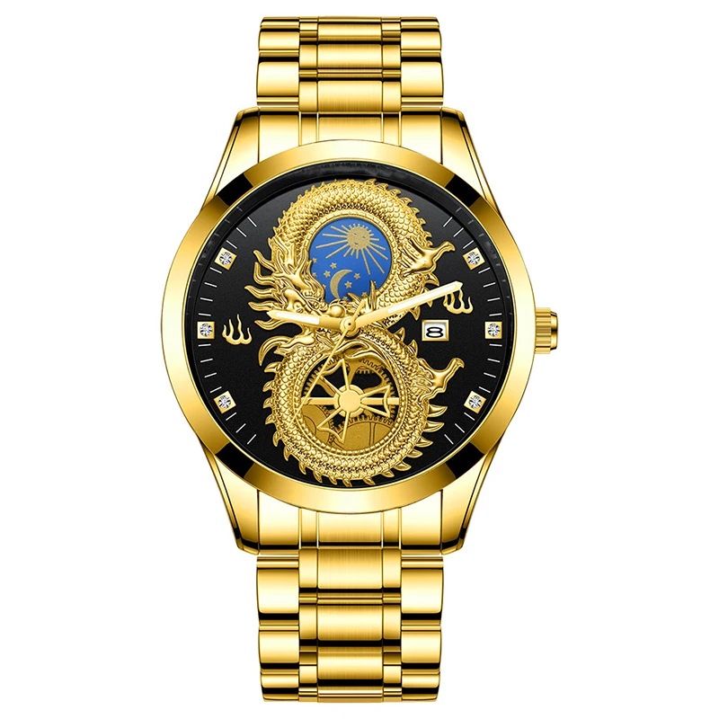 Dragon Phoenix Men's Luxury Business Watch Moon and Star Glow in the Dark Calendar Gold Plated Waterproof LL@17