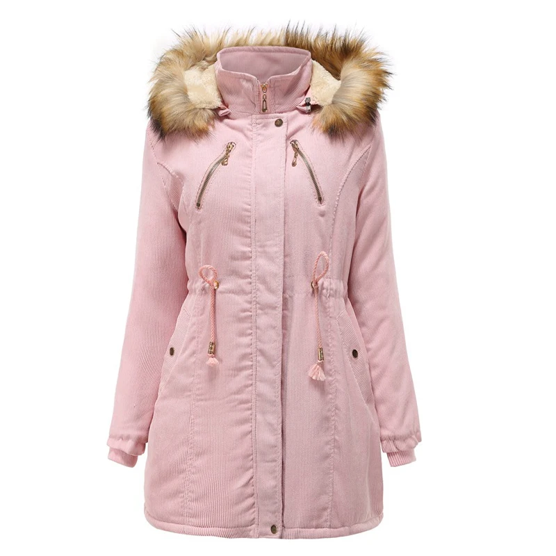 Женское зимнее пальто с капюшоном, вельветовое пальто, пальто с хлопковой подкладкой, толстое теплое пальто с поясом, меховое пальто с капюшоном, верхняя одежда на пуговицах