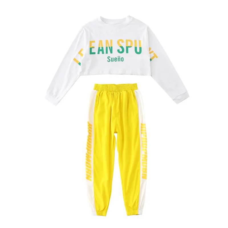 Детские костюмы для джазовых танцев, одежда в стиле хип-хоп для девочек, белый свитер, желтые штаны, одежда для выступлений для уличных танцев - Цвет: Set 1
