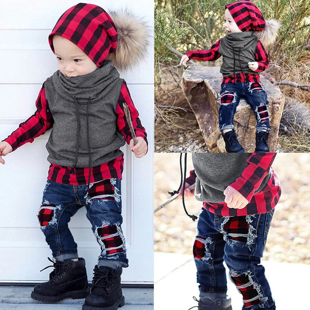

2PCS kid sets 12M- 4Y Baby Boys Long Sleeve Red Plaid Splice Tops+ Jeans Hole Denim Pants Set Outfits autumn winter Outfits suit