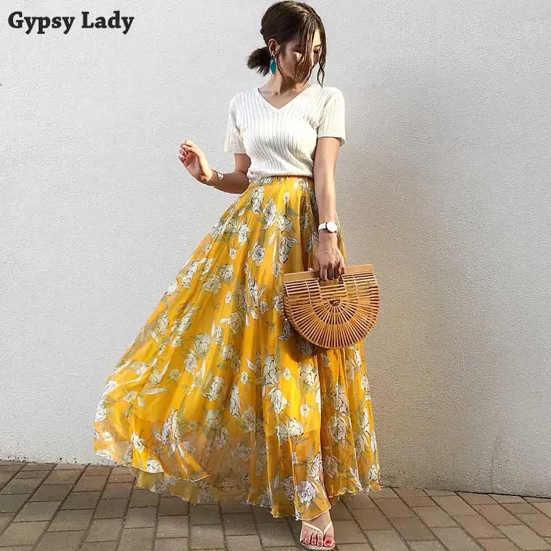 lily yellow print GypsyLady, фиолетовая, дикое цветение, летняя юбка, шифон, большой подол, макси юбка для женщин, повседневная, праздничная, шикарная, богемная, размера плюс, юбка в стиле бохо - Цвет: lily yellow print