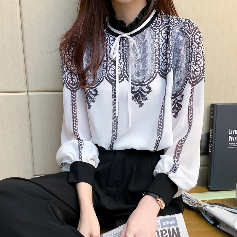 Women Chiffon Print Lace-up Blouse Shirts Stand