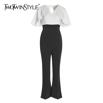 

TWOTWINSTYLE Elegant Patchwork Hit Color Jumpsuit Female V Neck Puff Sleeve High Waist Backless Tunic Jumpsuits Women 2020 Tide