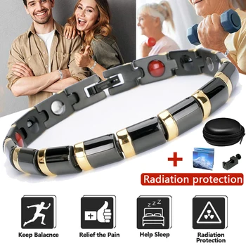 

Stainless Steel Black Hematite Health Bracelet Men Anti Snore Bracelet for Arthritis 2019 Negative Ion Balance Band Bracelet