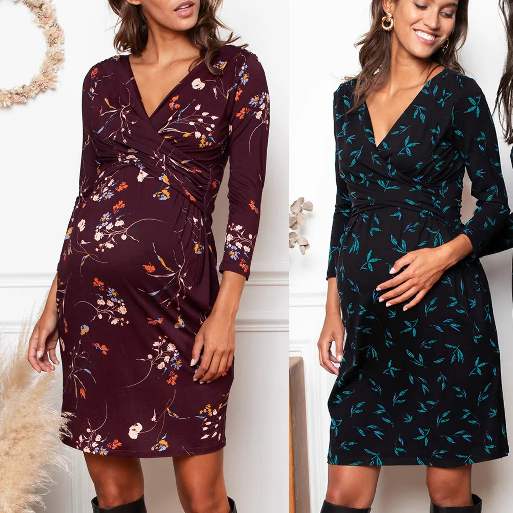 ARLONEET платья для беременных Vestidos кормящих с v-образным вырезом цветочный принт платье для беременных Одежда для беременных женщин зимнее платье для кормления