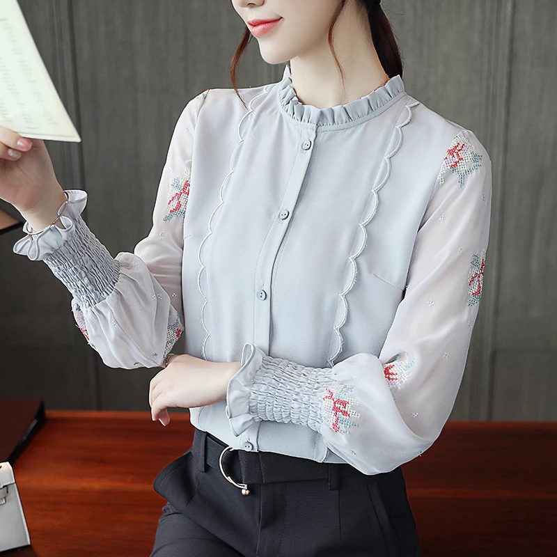 Корейские модные шифоновые женские блузки с цветочной вышивкой Женские рубашки