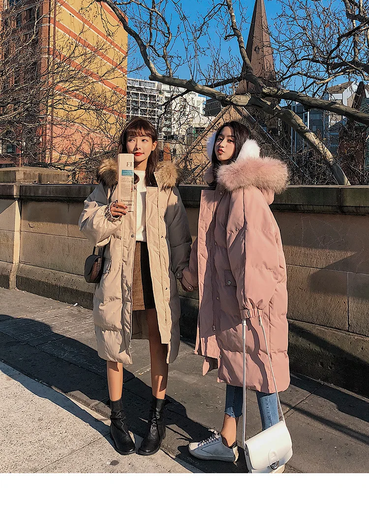 Photo Shoot Main Push CHIC Sweet Flesh Color over-the-Knee Long Hooded Large Fur Collar Best Friend down Coat Cotton Overcoat Wo