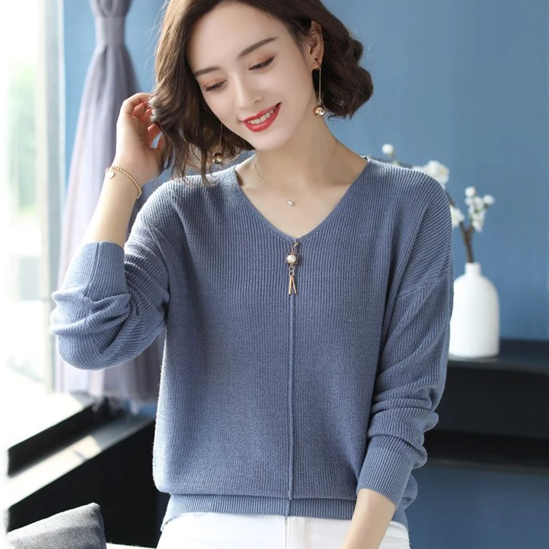 Women Sweater Thin Knitted V-neck Fashion Jumpers Solid Color Beaded Fringed Long Sleeve Pullovers Sweaters Female 2021 Spring | Женская