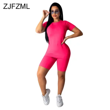 

Neon Yellow Rose Red Two Piece Set Tracksuit Women O Neck Short Sleeve Bandage Top Biker Short Sets Casual Lounge Wear Sweatsuit