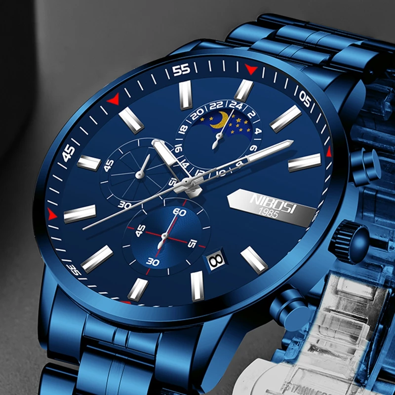 Quartz Watches Chronograph Business Blue Waterproof Relojes NIBOSI Para Hombre Casual