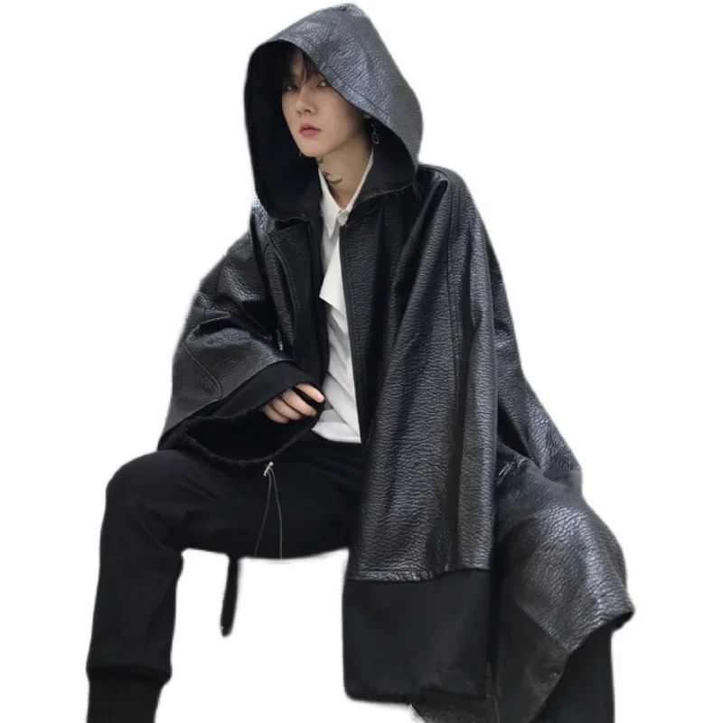 Autumn Winter Long Leather Trench Coat Men Hip Hip Punk Hooded Cloak Black Vintage Gothic Overcoat Jacket