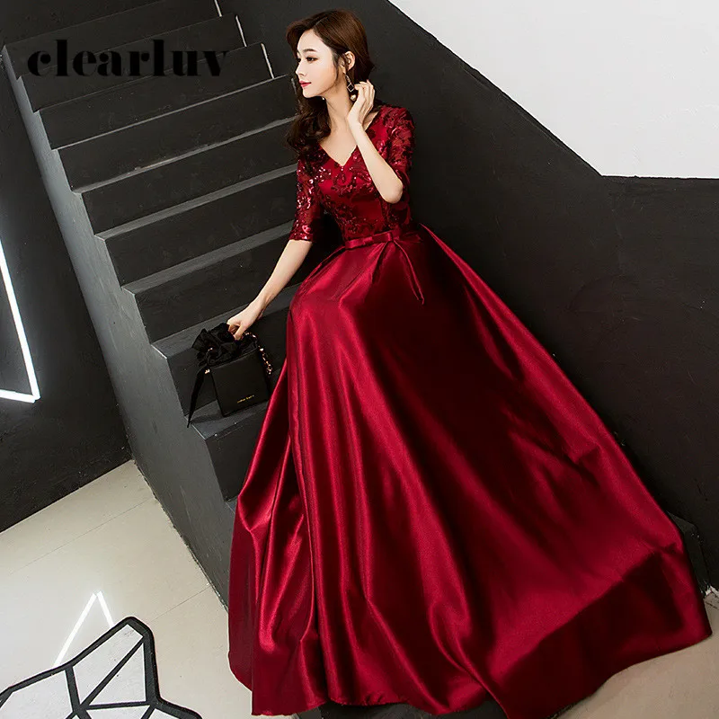 

Burgundy Sequin Vestidos De Fiesta R242 V-Neck Half Sleeve Women Party Gowns Solid A-Line Floor-Length Formal Evening Dresses