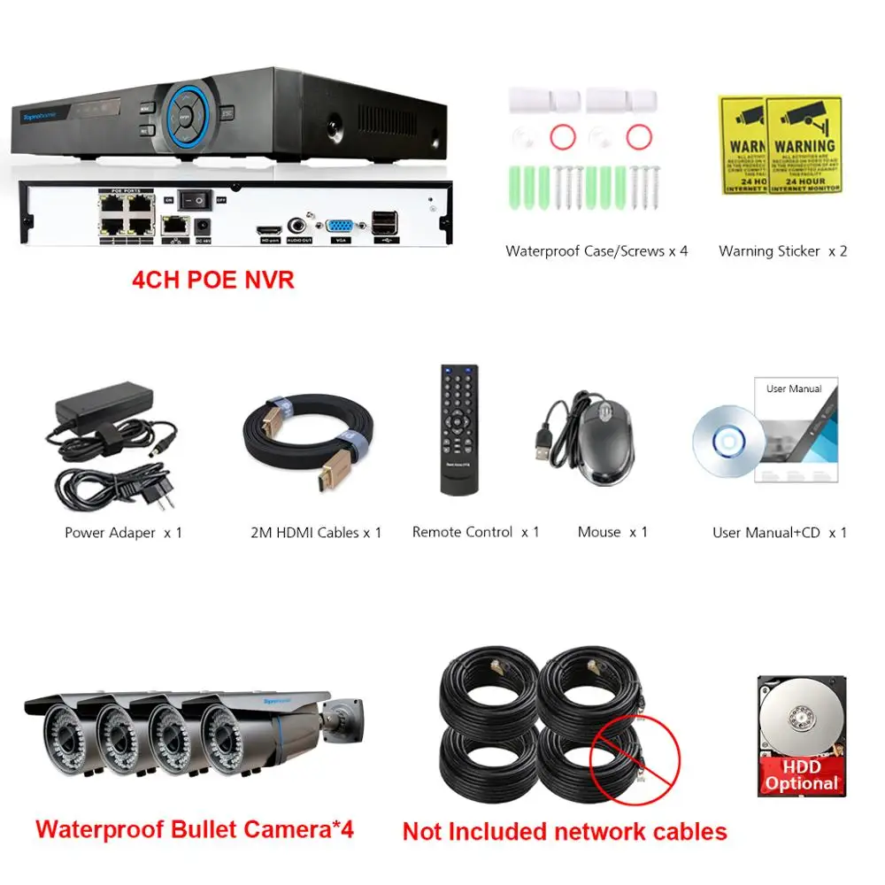 4 Camera No Cables TOPROHOMIE H.265 4CH 5MP POE система NVR 4 шт. 48 В 4MP 2,8 мм-12 мм моторизованный зум POE IP для камеры наблюдения комплект - Цвет: 4 Camera No Cables