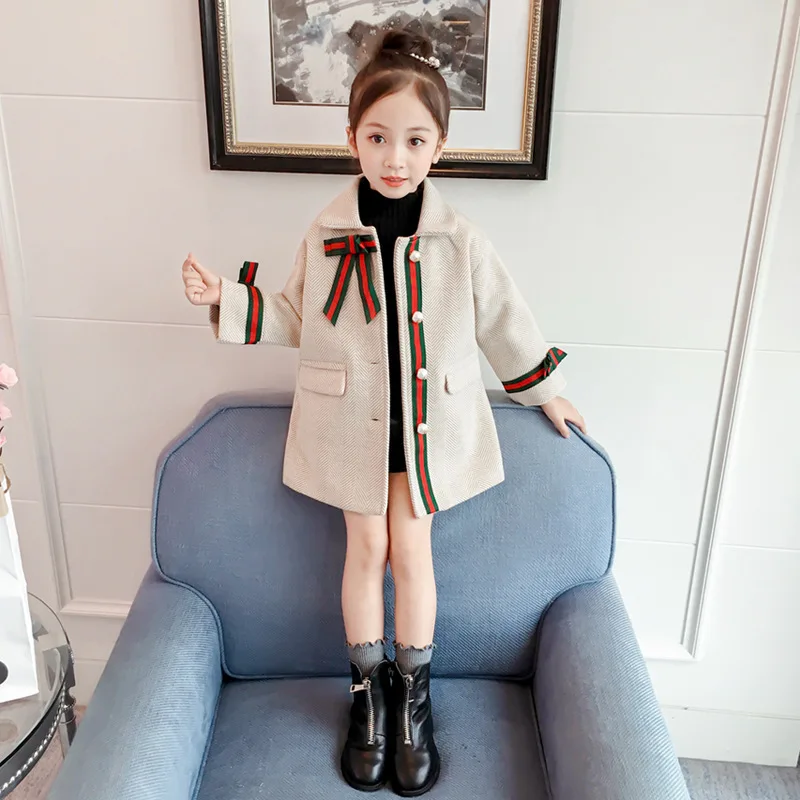 

Girls' Wool Coat Childrenswear Autumn And Winter New Style Single Row Pearl Clasp Woolen Jacket Twill Female Coat