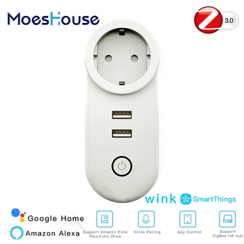 

EU ZigBee3.0 Dual USB Wireless Socket Plug SmartThings App Remote Control Echo Plus 2MQTT Setup Work with Alexa Google Home