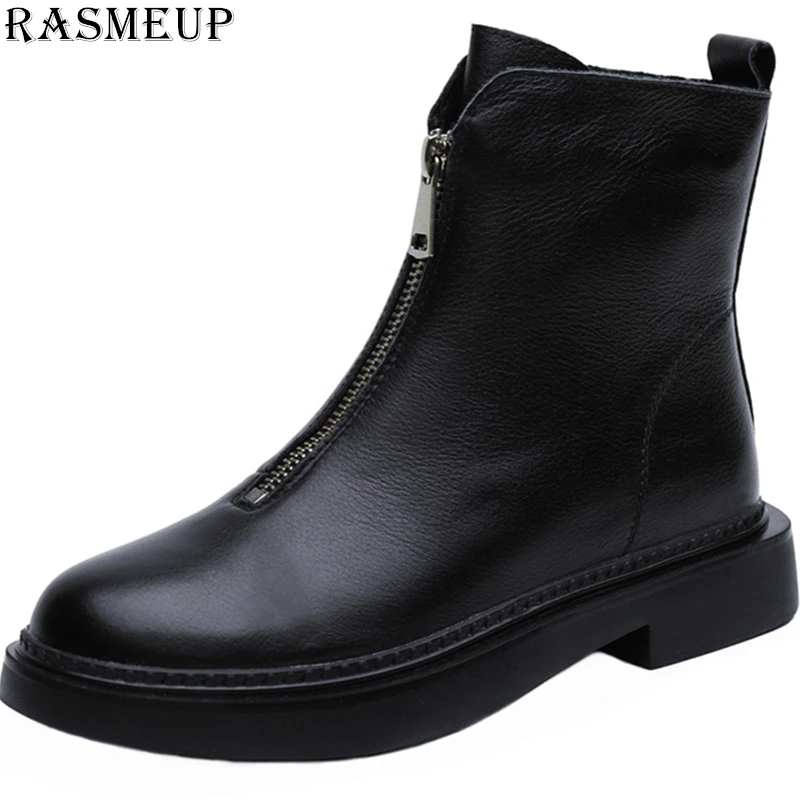 Tanie RASMEUP prawdziwej skóry damskie zimowe botki 2019 moda zamek błyskawiczny z przodu kobiet martensy na platformie ciepłe buty damskie