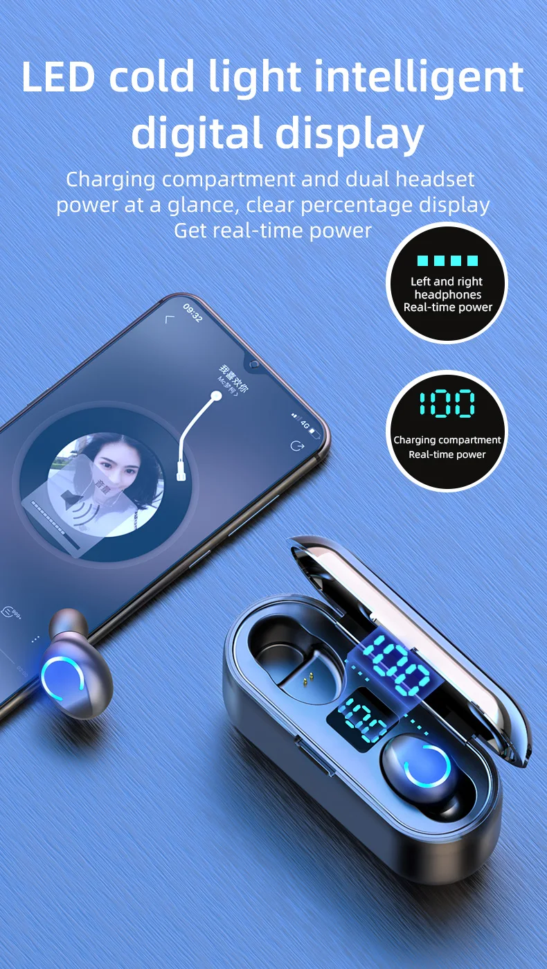 New F9 Wireless Headphones Bluetooth 5 0 Earphone TWS HIFI Mini In ear Sports Running Headset Support iOS Android Phones HD Call