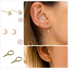 Серьги из стерлингового серебра 925 пробы для женщин/мужчин, золотой шар, циркониевые серьги для пирсинга, панк, девушка, молния, луна, aretes R5