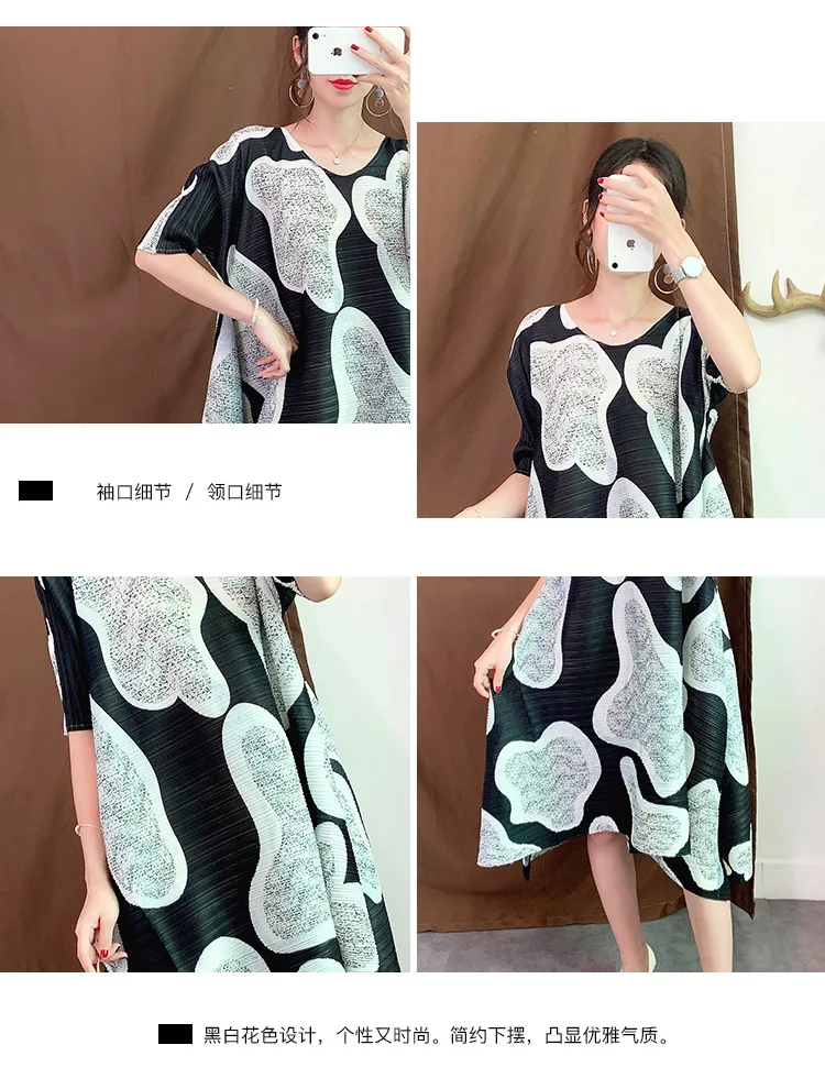 Issey плиссированные платья с принтом новые осенние вечерние платья с коротким рукавом и круглым вырезом длиной до колена размера плюс складные женские платья