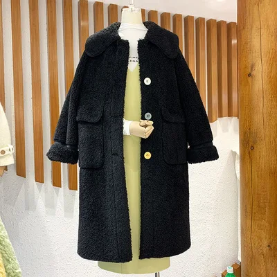 3 цвета, женская черная куртка из овечьей шерсти с отложным воротником, свободные пальто с длинным рукавом, верхняя одежда средней длины, Осень-зима, подходит ко всему - Цвет: Black